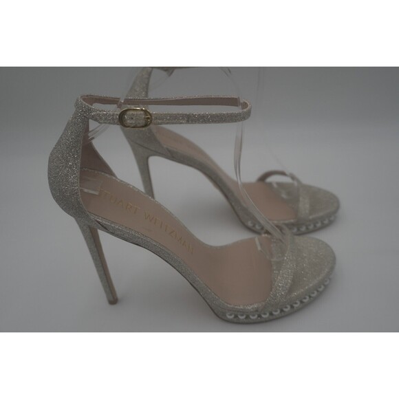 Stuart Weitzman Nudist Disco Pearl Glitter Ankle Strap Platino High Heel Size 10 - Picture 3 of 16